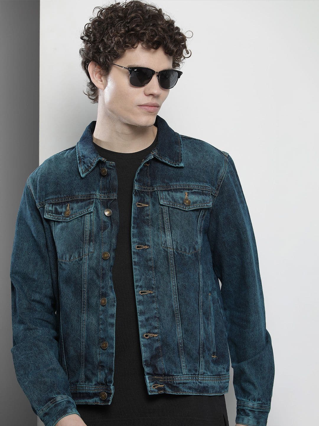 The Indian Garage Co Men Navy Blue Cotton Washed Denim Jacket - view 1
