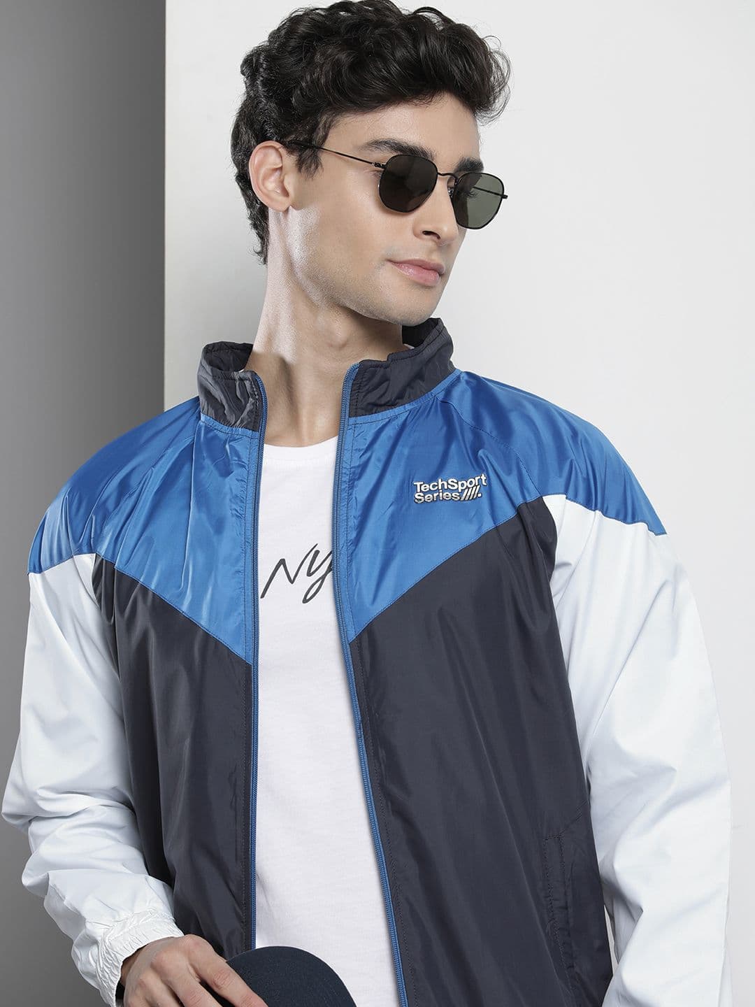 The Indian Garage Co Men Blue & White Colourblocked Windcheater Jacket - view 1