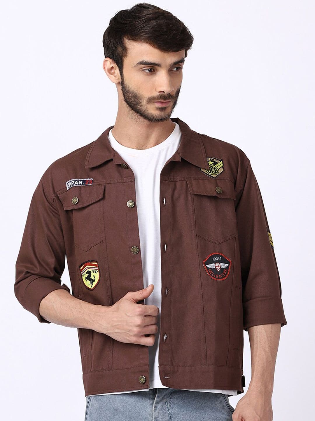 VOXATI Men Brown Longline Denim Jacket with Embroidered - view 1