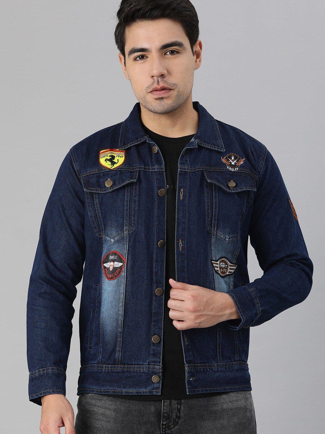 VOXATI Men Blue Washed Denim Jacket with Patchwork - view 1
