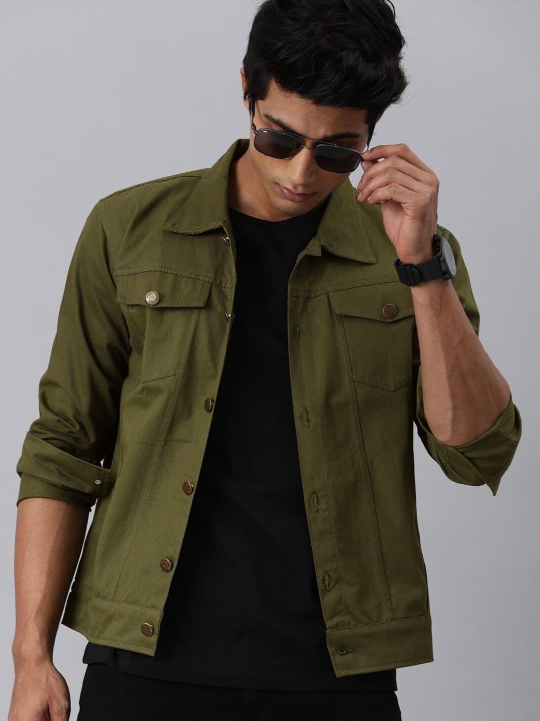 VOXATI Men Olive Green Denim Jacket - view 1