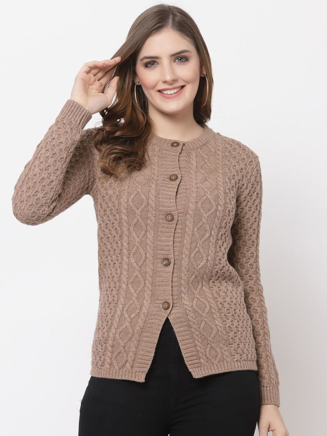 Kalt Women Coffee Brown Cable Knit Acrylic Cardigan - view 1