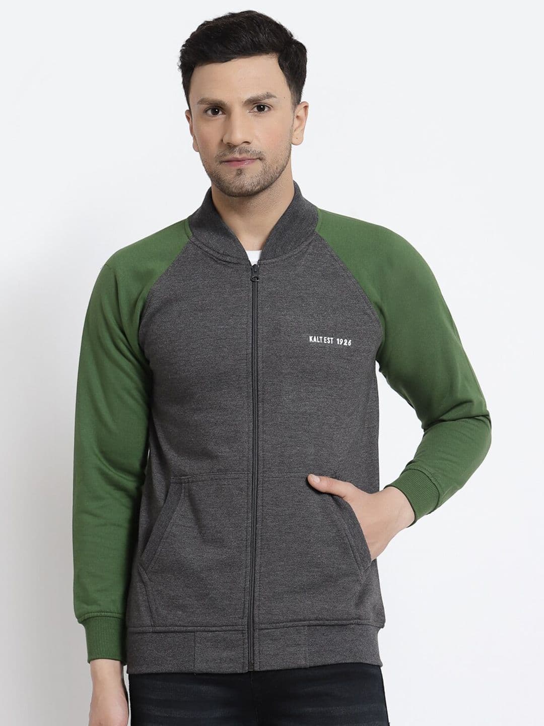 Kalt Men Green Grey Colourblocked Fleece Bomber Jacket - view 1