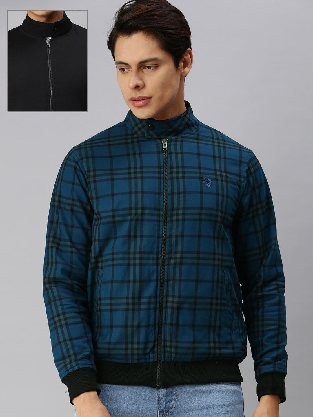 Roadster Men Blue & Black Checked Reversible Bomber Jacket - view 1