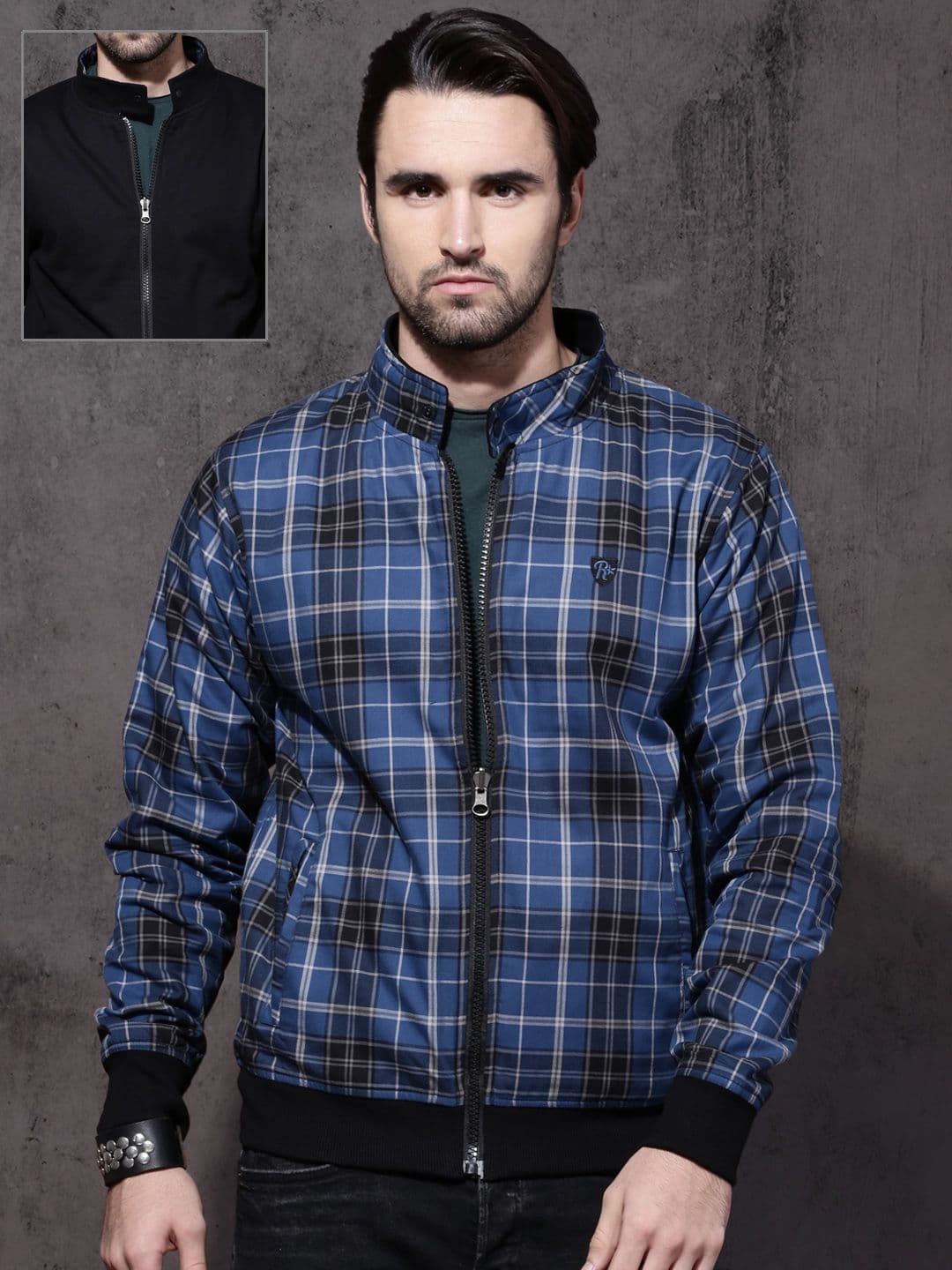 Roadster Men Blue & Black Checked Reversible Bomber Jacket - view 1