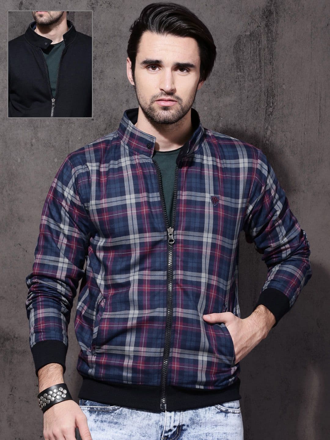 Roadster Men Blue & Burgundy Checked Reversible Bomber Jacket - view 1