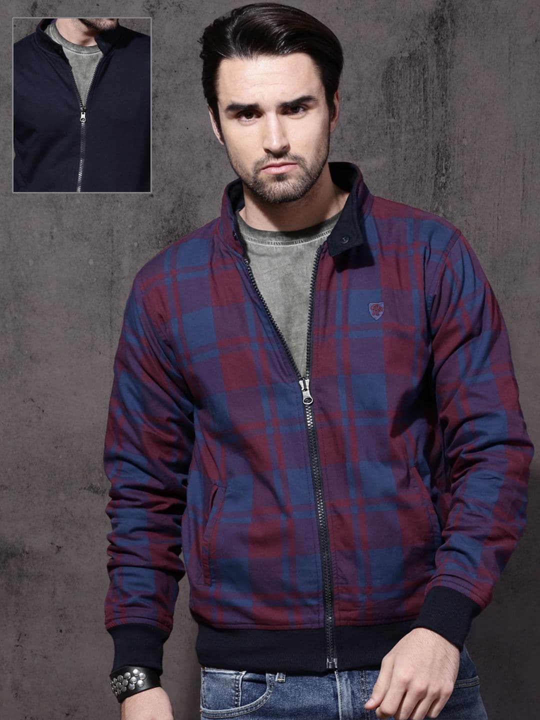Roadster Men Blue & Maroon Checked Reversible Bomber Jacket - view 1