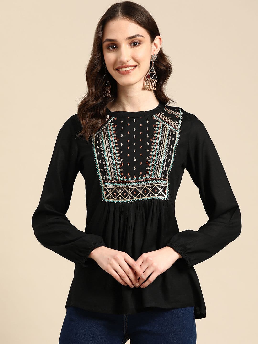 Sangria Yoke Embroidered A-Line Top - view 1