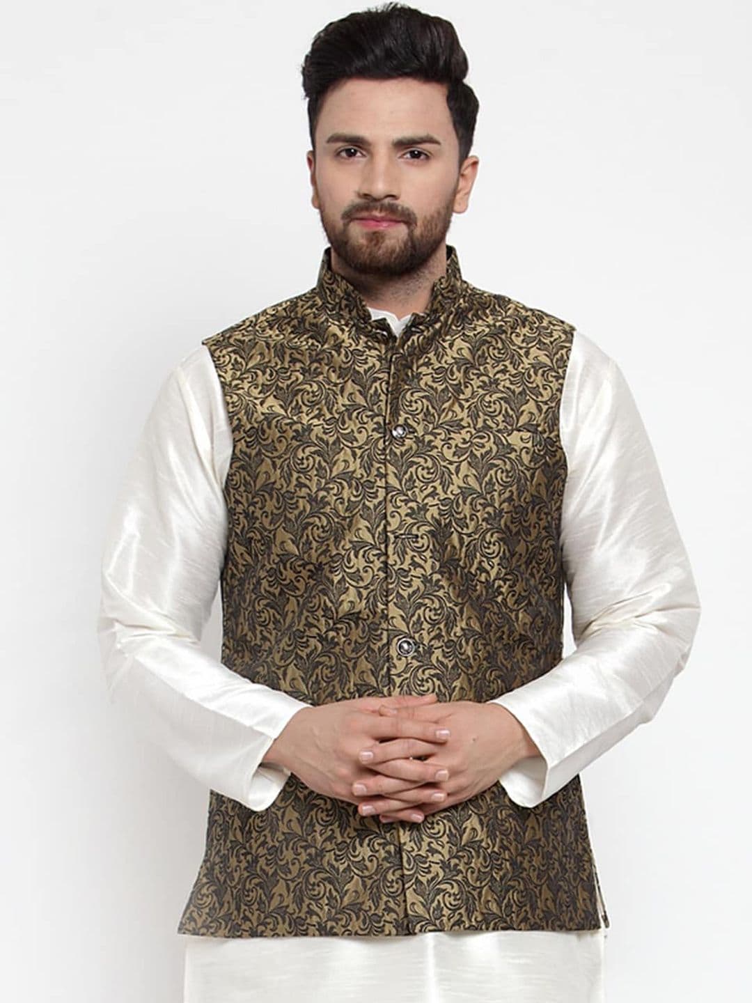 Jompers Men Golden -Colored Woven design Nehru Jackets - view 1