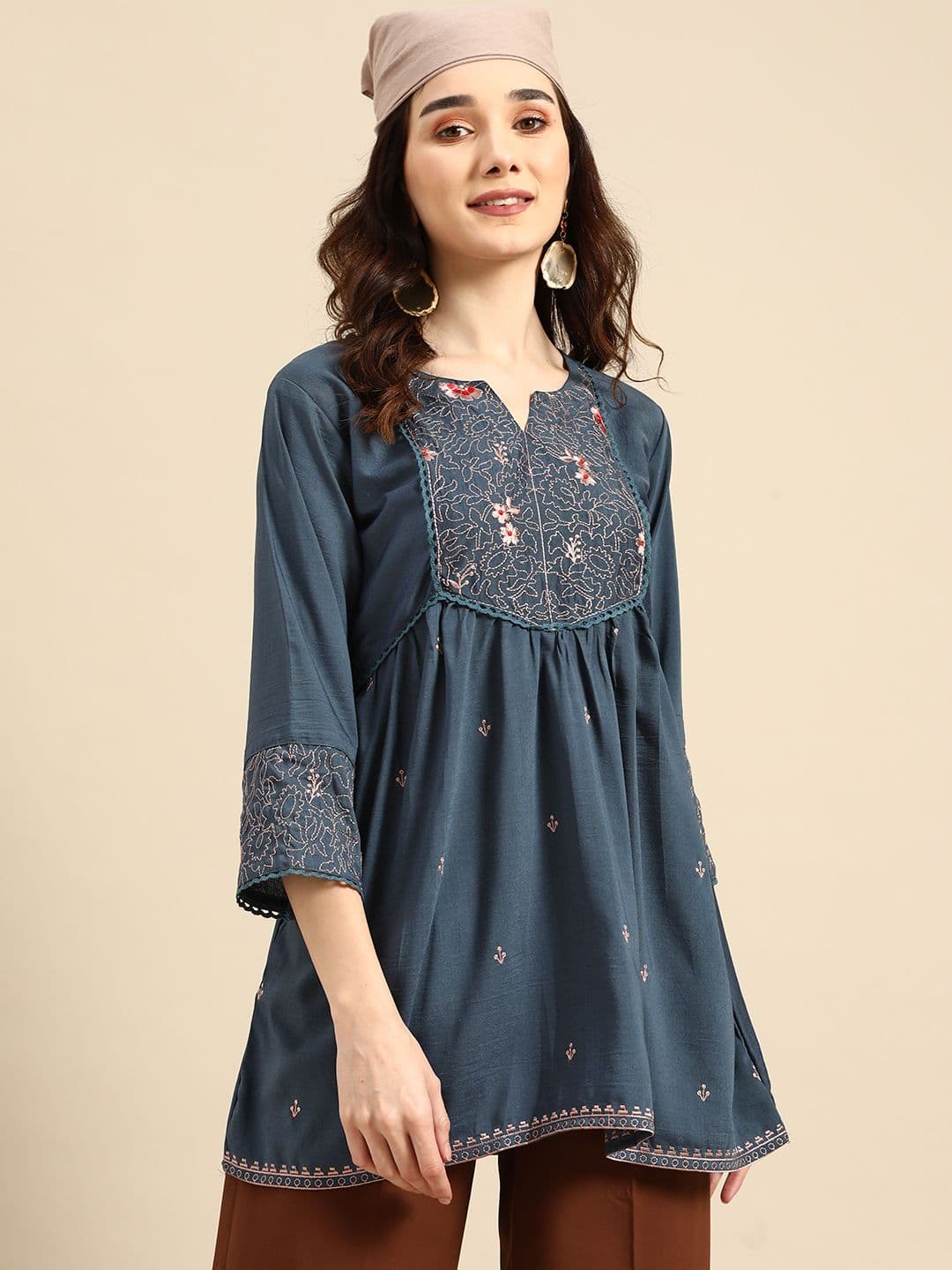 Sangria Teal Blue Embroidered Longline Top - view 1