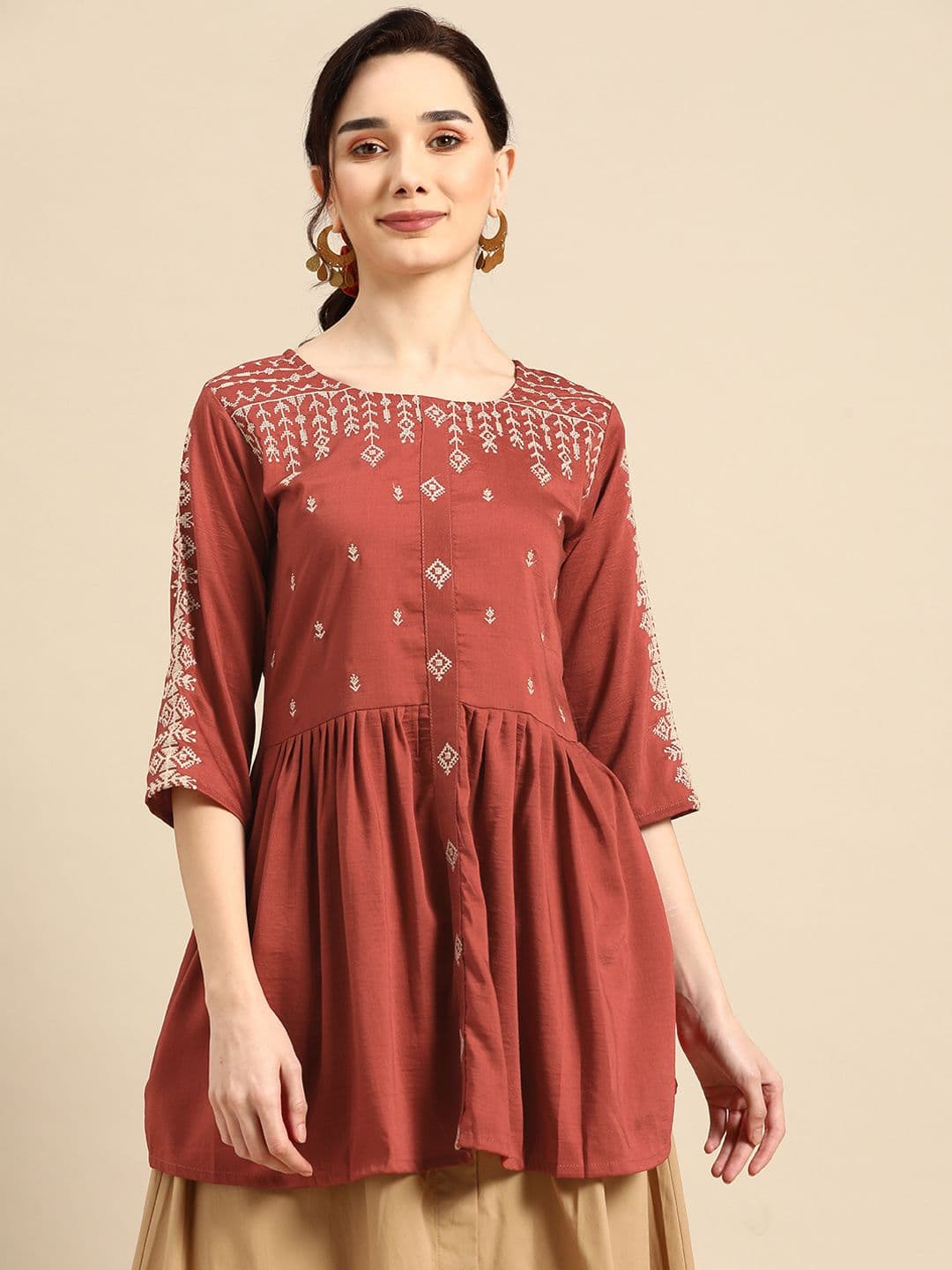 Sangria Rust Orange Embroidered Longline Top - view 1