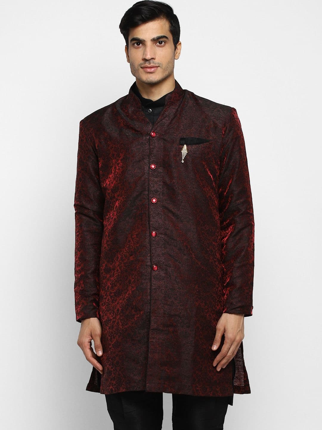 ROYAL KURTA Men Maroon Jacquard Silk Floral Printed Sherwani - view 1