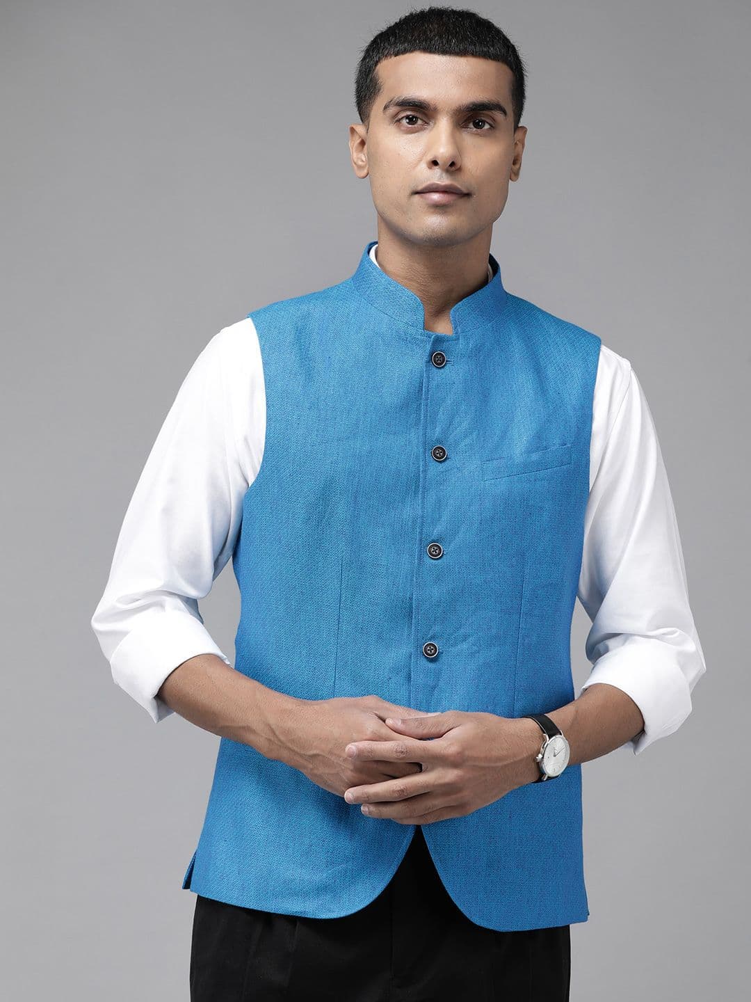 Blackberrys Men Blue Pure Linen Self-Design Slim Fit Nehru Jacket - view 1