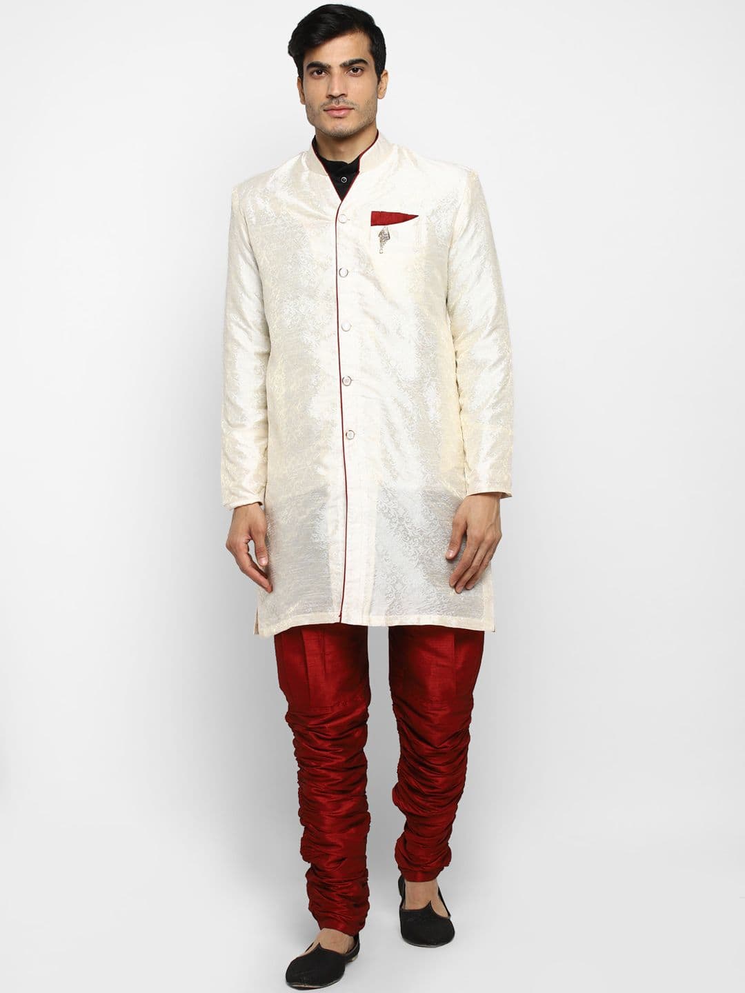 ROYAL KURTA Men Cream Coloured & Maroon Self Design Sherwani With Churidar Pants - view 1