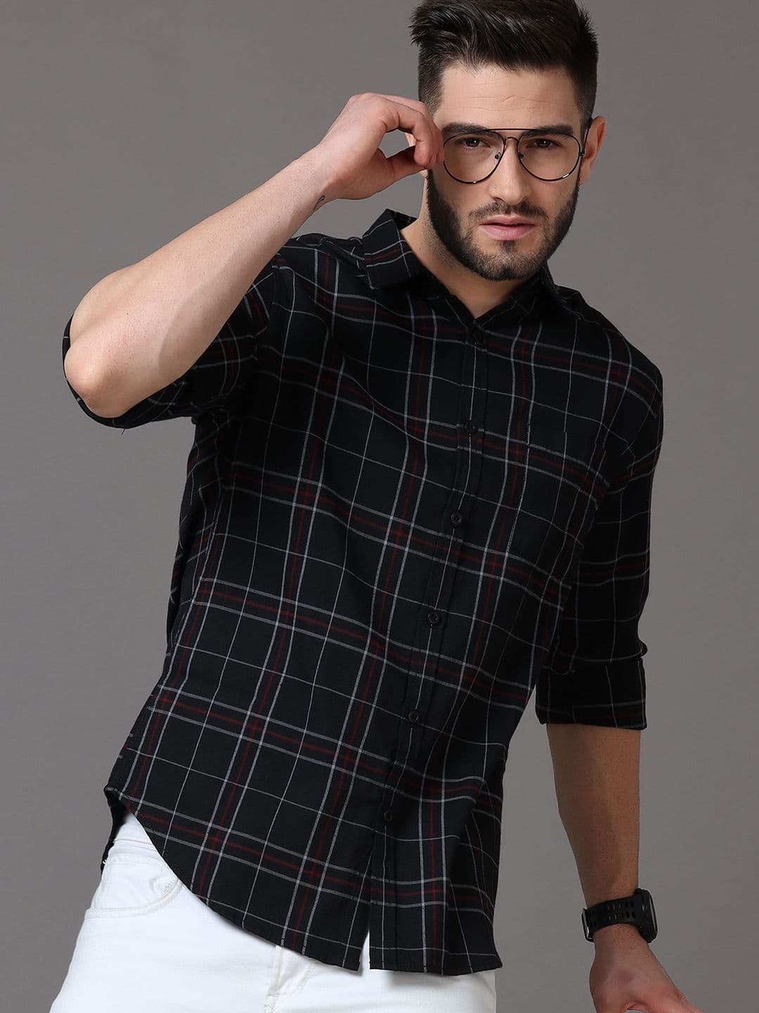 HERE&NOW Men Black Slim Fit Windowpane Checks Checked Casual Shirt - view 1