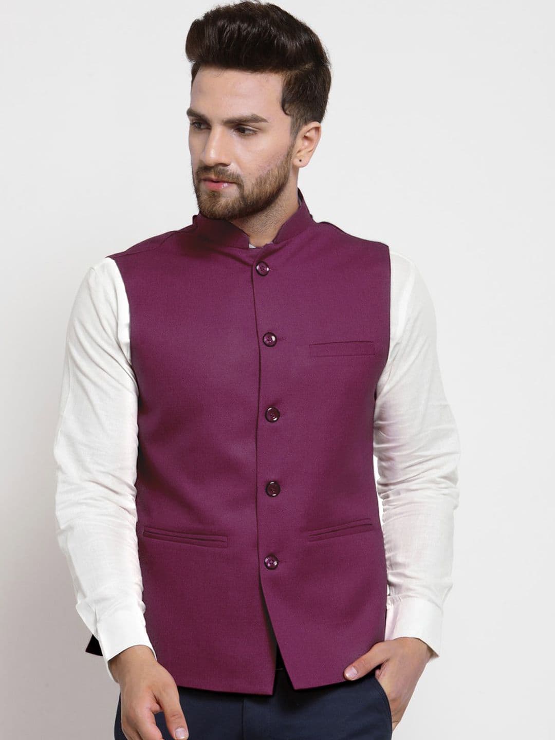 TREEMODA Men Purple Solid Woven Nehru Jackets - view 1