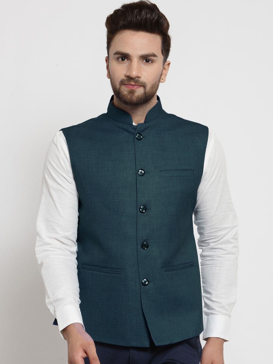 TREEMODA Men Teal-Blue Solid Woven Nehru Jacket - view 1