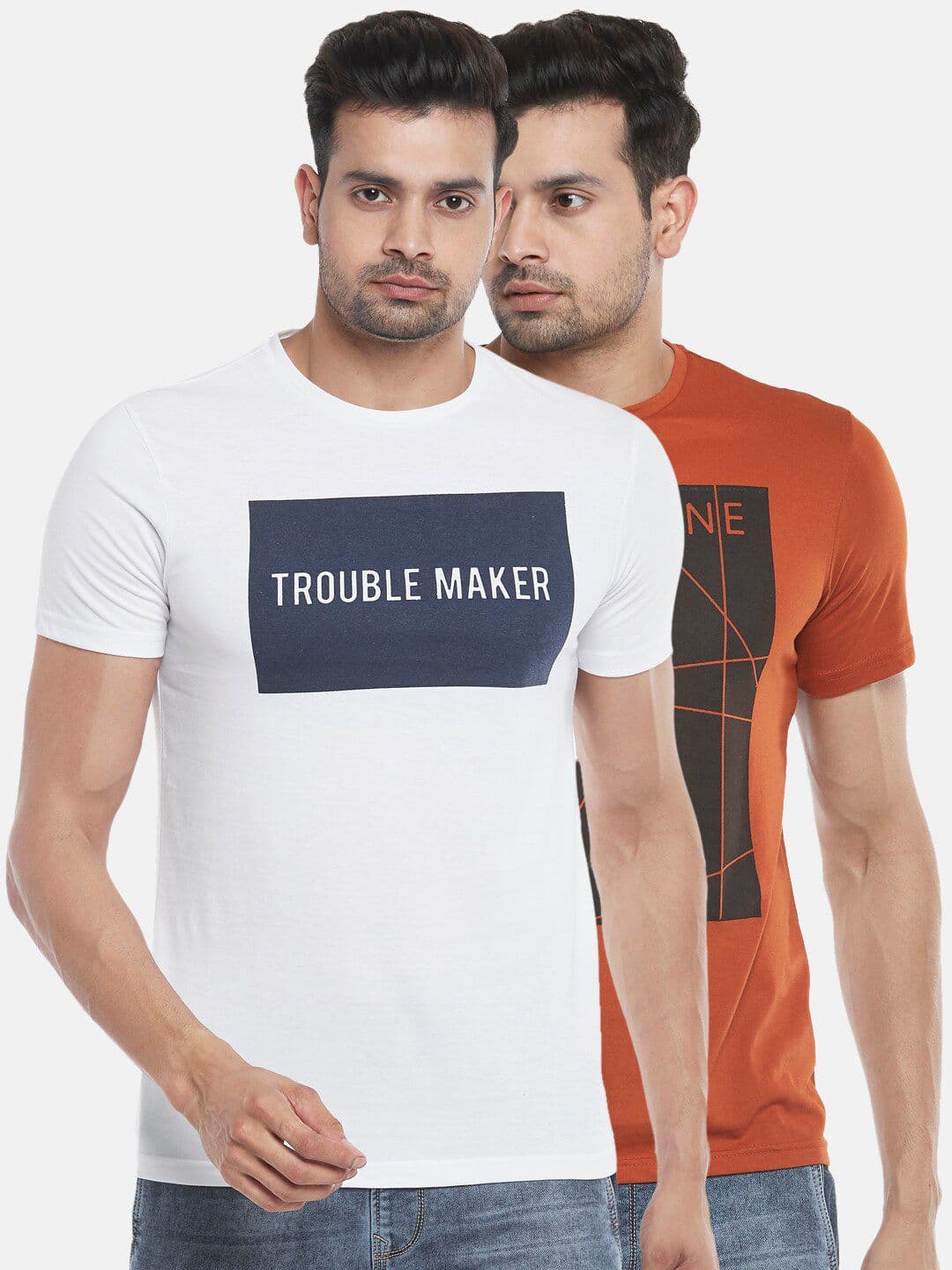 People Men Rust Typography Pack Of 2 Rust-White Printed Slim Fit T-shirt - view 1