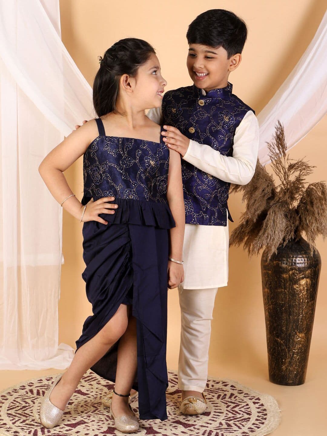 VASTRAMAY Girls Navy Blue Embroidered Sequinned Ready to Wear Lehenga - view 1
