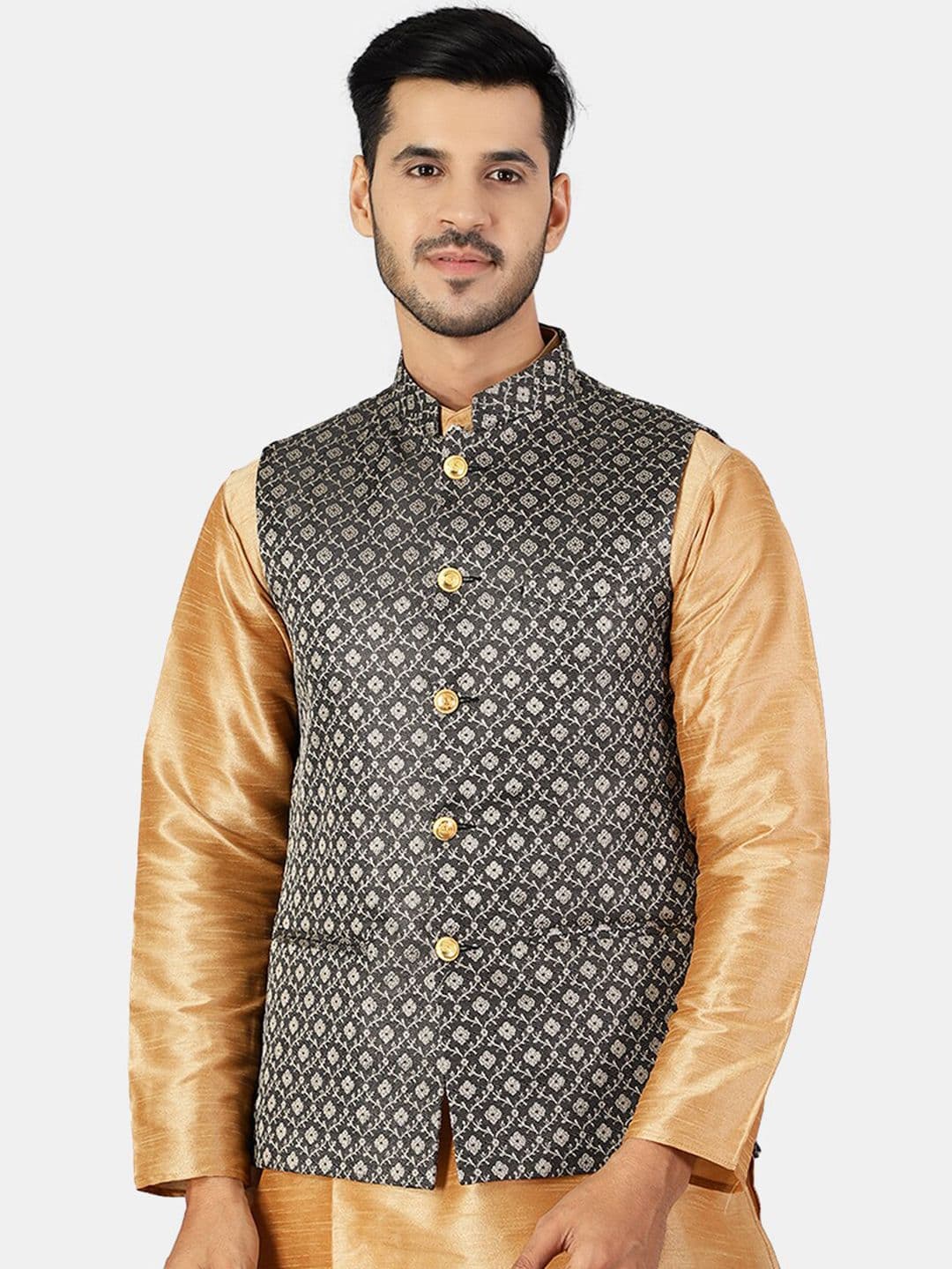 Wintage Men Grey Woven Design Nehru Jackets - view 1