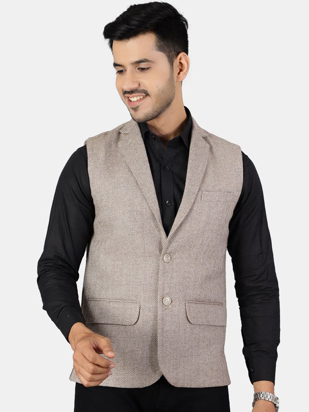 Wintage Men Grey Solid Woven Modi Nehru Jacket - view 1