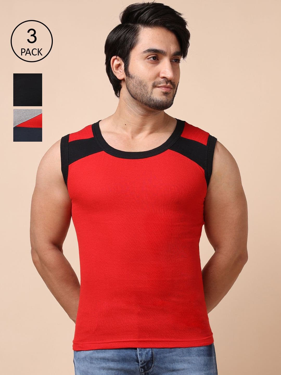 Dollar Bigboss Men Solid Pack of 3 Cotton Racerback Styled Gym Vest - view 1