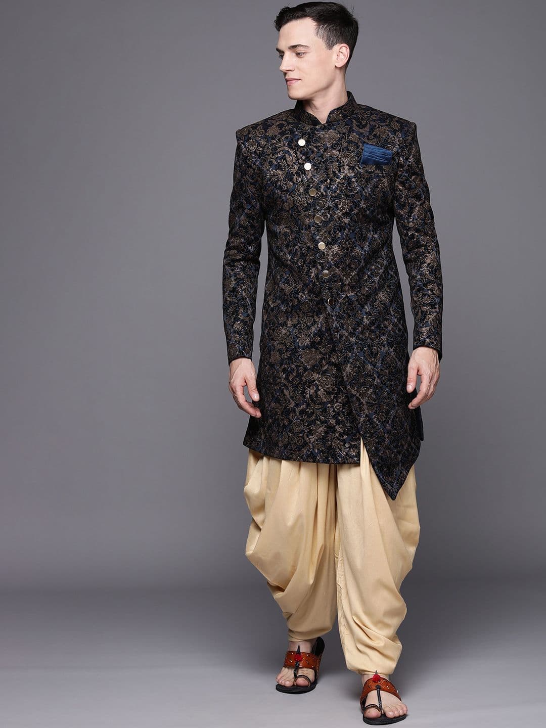 Manyavar Men Navy Blue & Cream- Coloured Self Design Sherwani Set With Dupatta - view 1