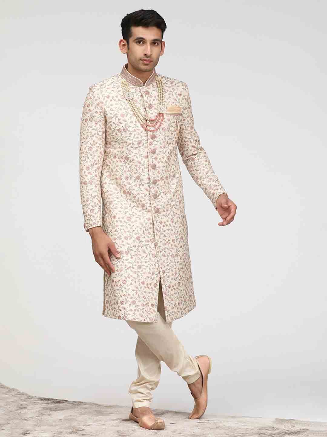 Manyavar Floral Embroidered Beads Detail Sherwani Set - view 1