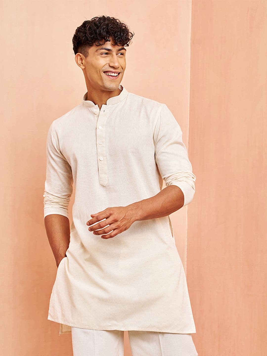 VASTRAMAY Men Cream-Coloured Thread Work Mandarin Collar Kurta - view 1