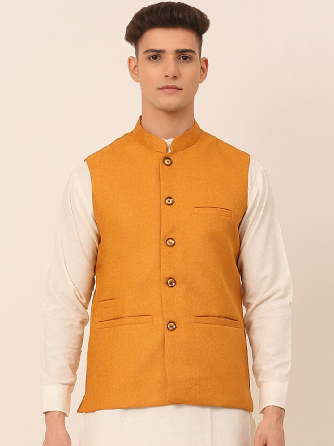 Jompers Men Mustard-Yellow Solid Woven Nehru Jacket - view 1