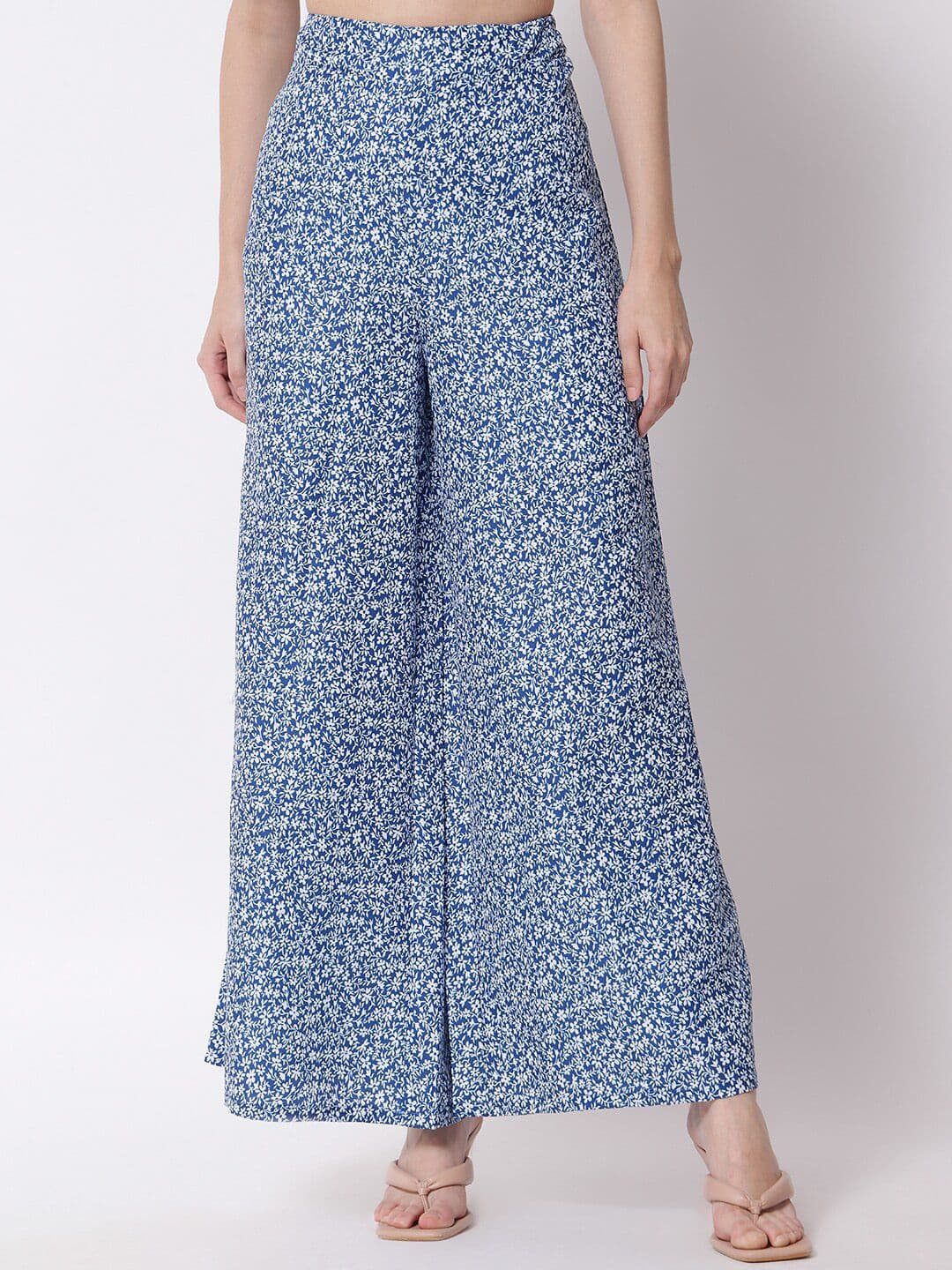 Kotty Women Blue and White Floral Printed Relaxed Flared High-Rise Trousers - view 1