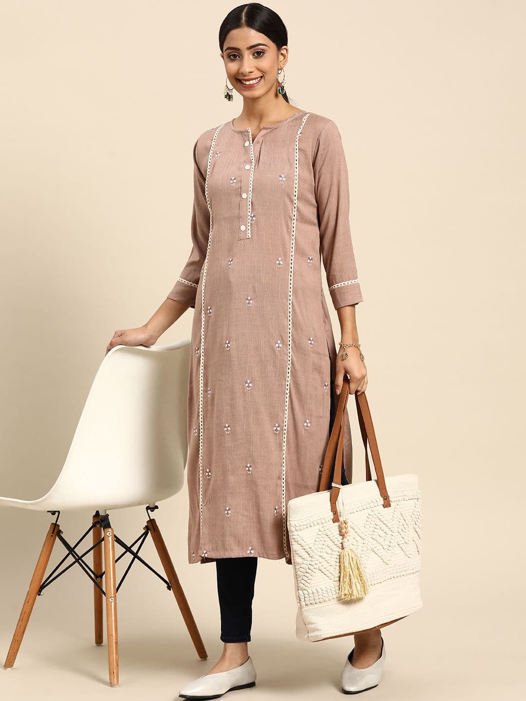 Sangria Women Brown & White Ethnic Motifs Embroidered Panelled Kurta - view 1