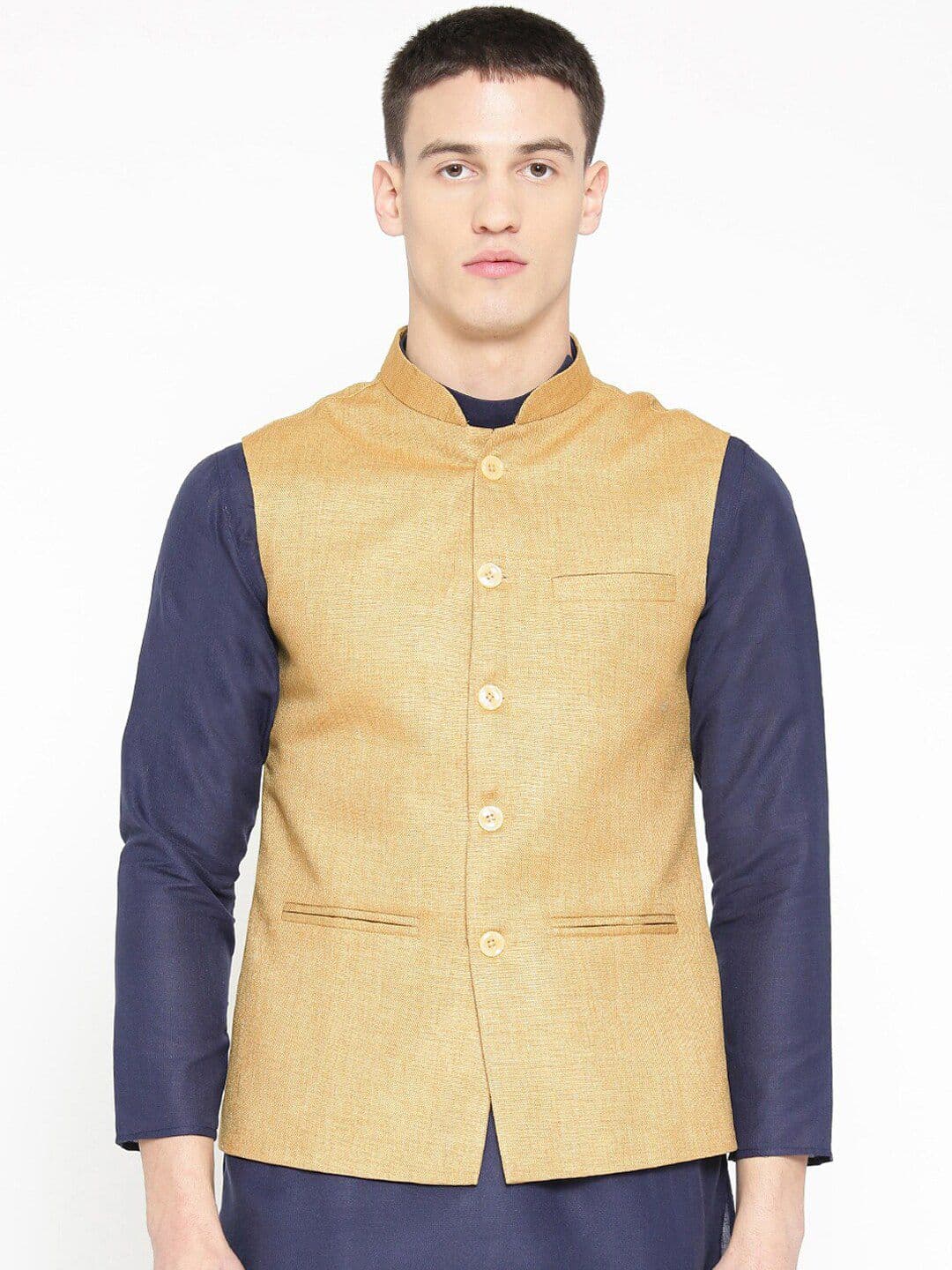 Badoliya & Sons Men Gold Coloured Woven Design Nehru Jackets - view 1