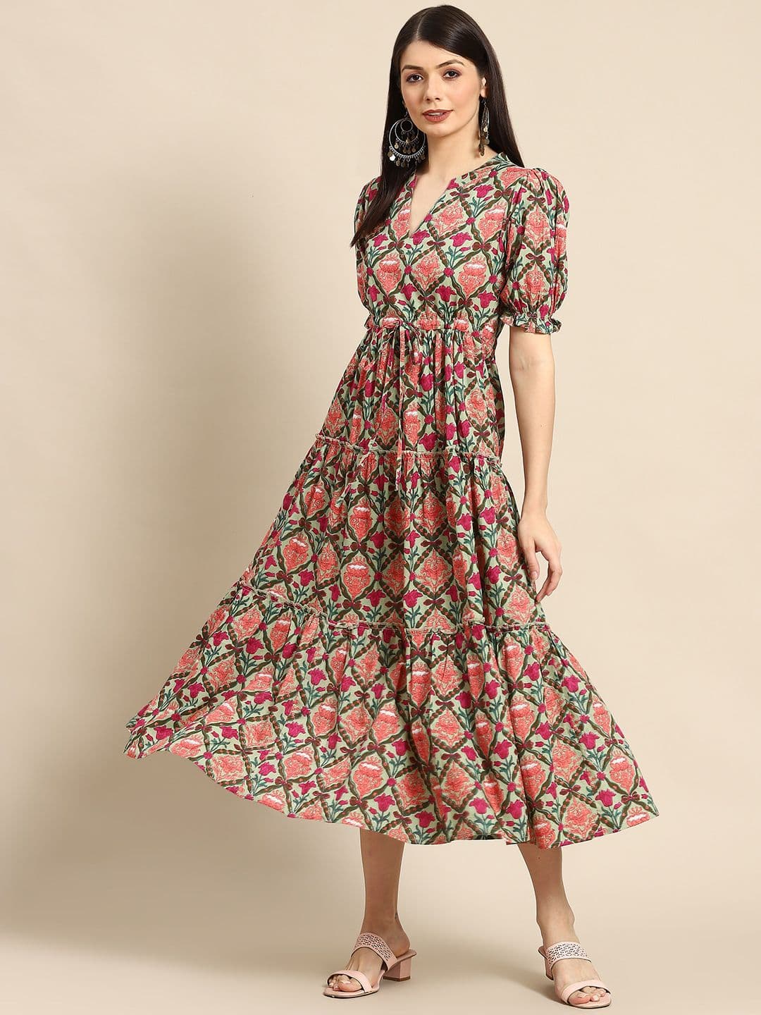 anayna Green & Pink Ethnic Motifs Printed Tiered Pure Cotton A-Line Midi Dress - view 1