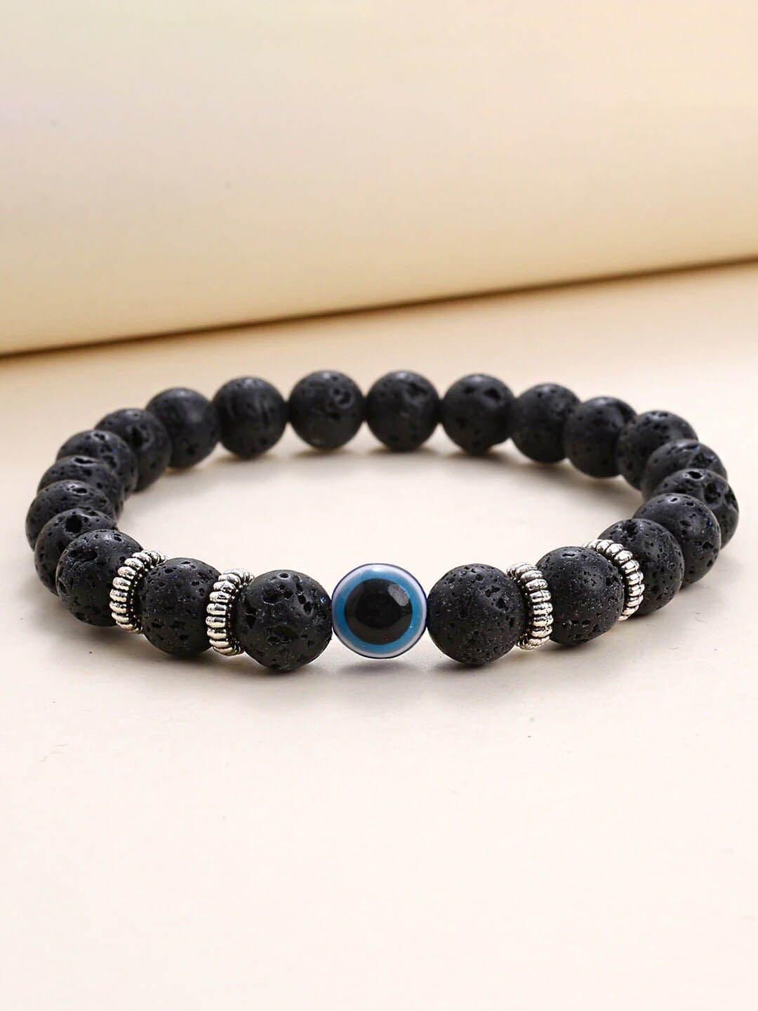 Yellow Chimes Men Black Beaded With Evil Eye Stone Stretchable Bracelet - view 1