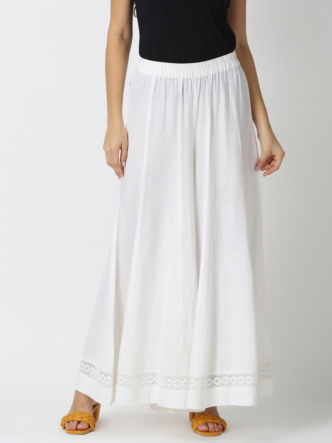 Saffron Threads Women White Flared Ethnic Palazzo with Lace on Hem - view 1