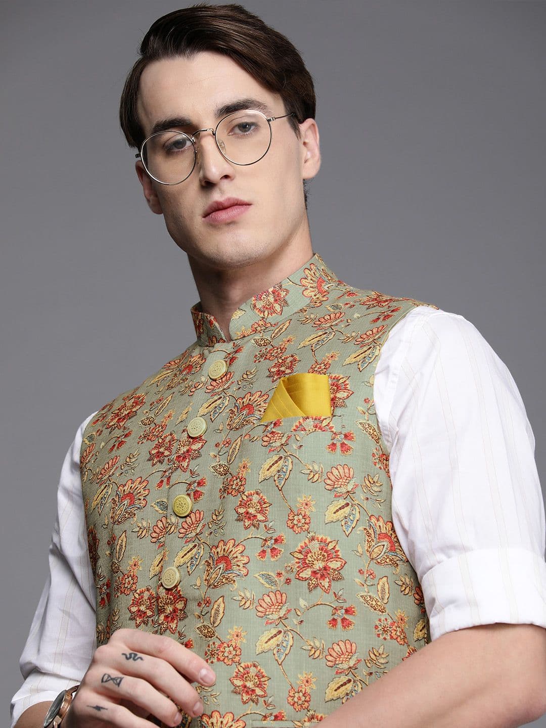 Manyavar Men Pista Green Floral Printed Nehru Jacket - view 1