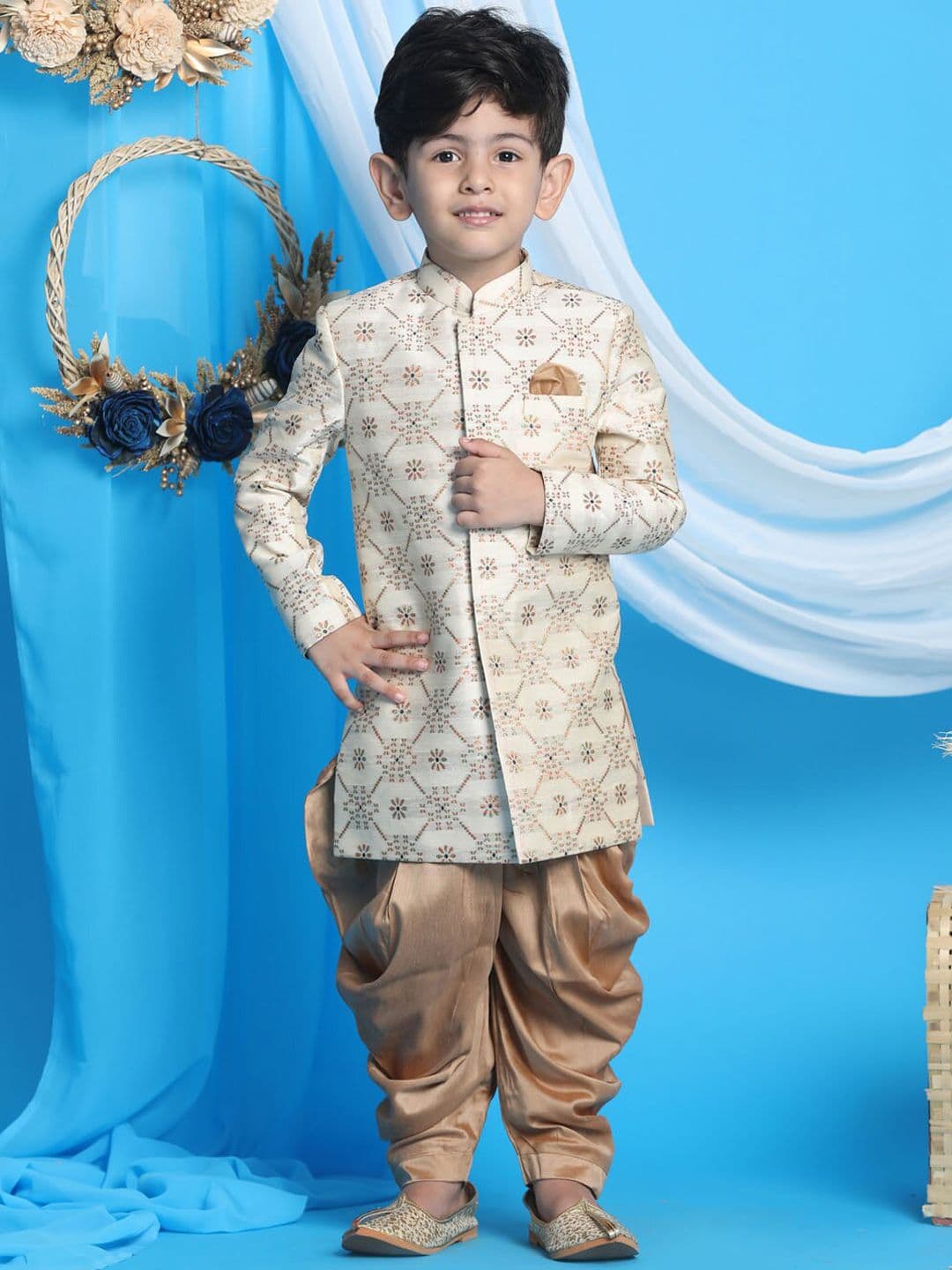 VASTRAMAY Boys Beige & Rose Gold-Coloured Woven Design Sherwani Set - view 1