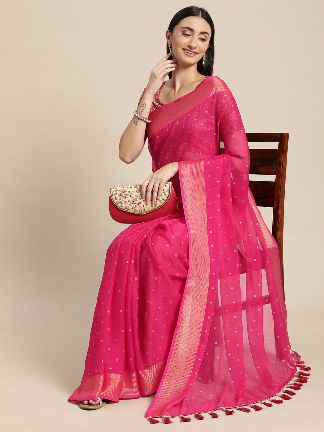 Mitera Pink & Gold-Toned Floral Zari Pure Chiffon Saree - view 1