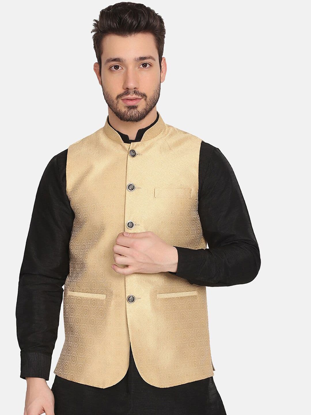 TAHVO Men Gold-Toned Woven Nehru Jackets - view 1