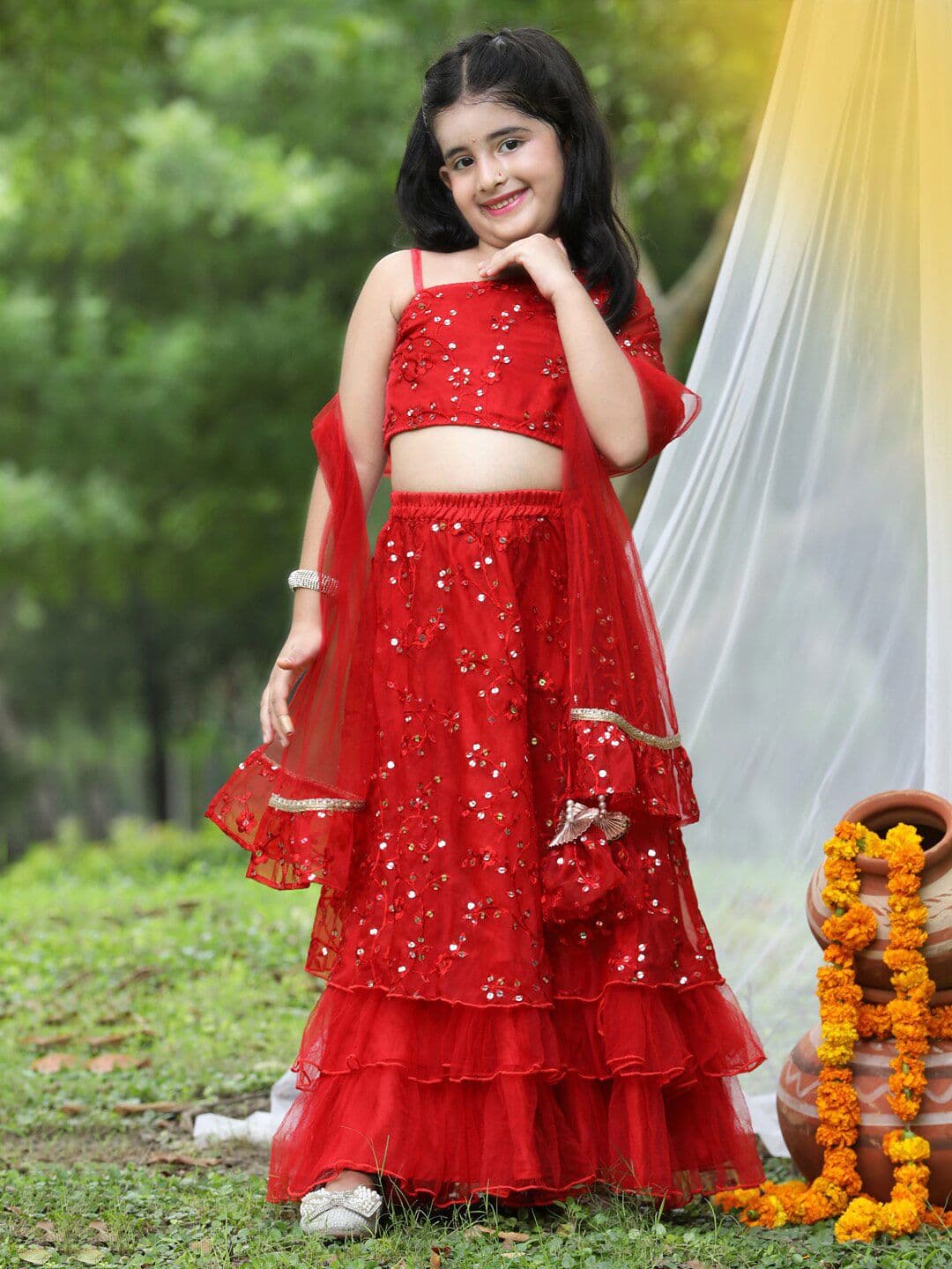 Cutiekins Girls Red & Gold-Toned Sequinned Ready to Wear Lehenga & Blouse With Dupatta - view 1