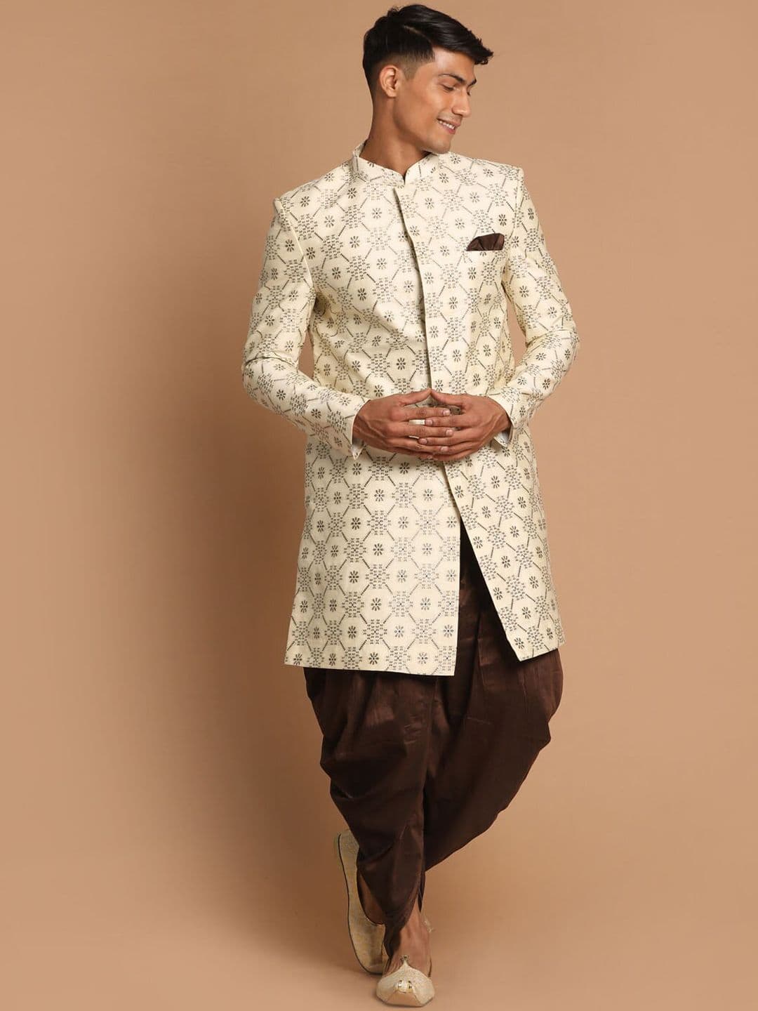 VASTRAMAY Men Beige & Brown Sherwani Set - view 1
