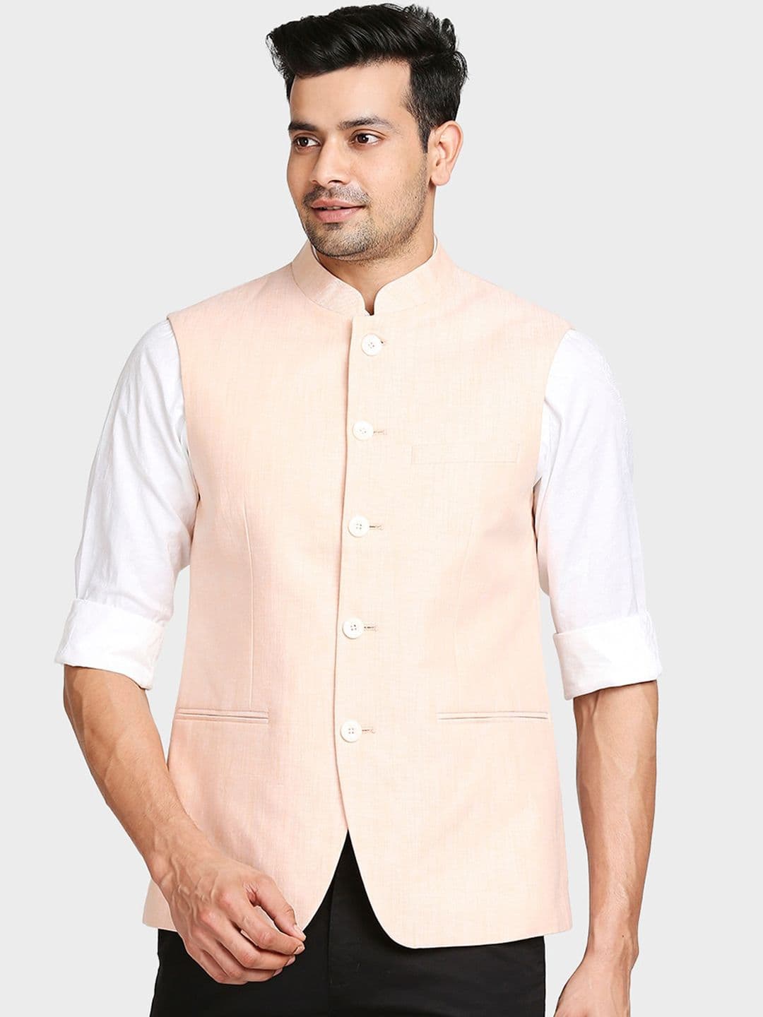 ColorPlus Men Peach-Colored Solid Nehru Jackets - view 1