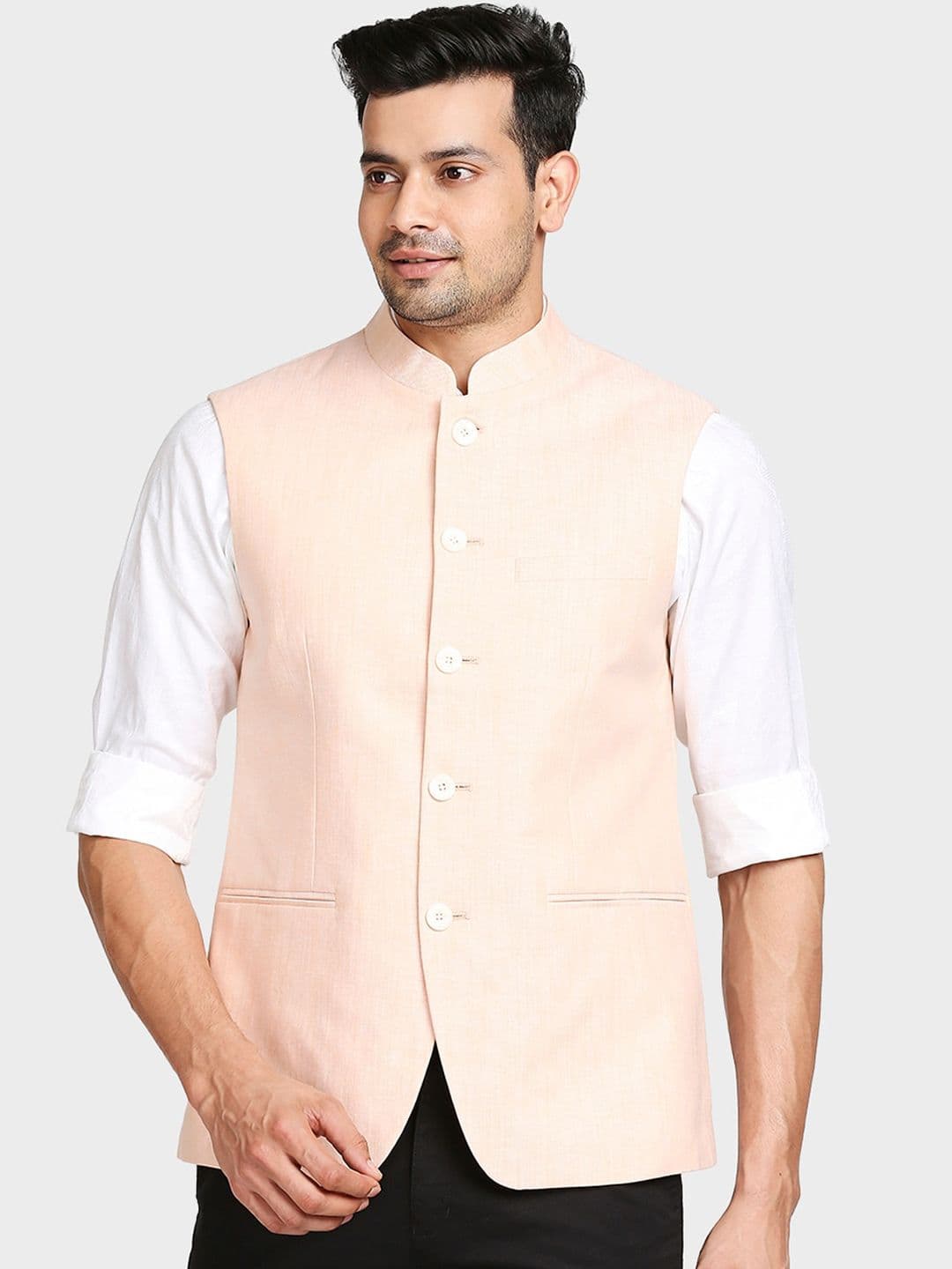 ColorPlus Men Orange Solid Woven Nehru Jackets - view 1
