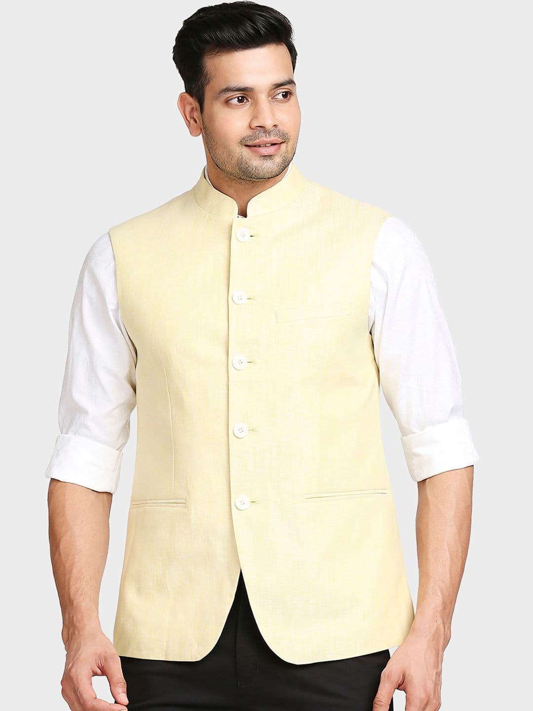 ColorPlus Men Yellow Solid Woven Design Nehru Jackets - view 1