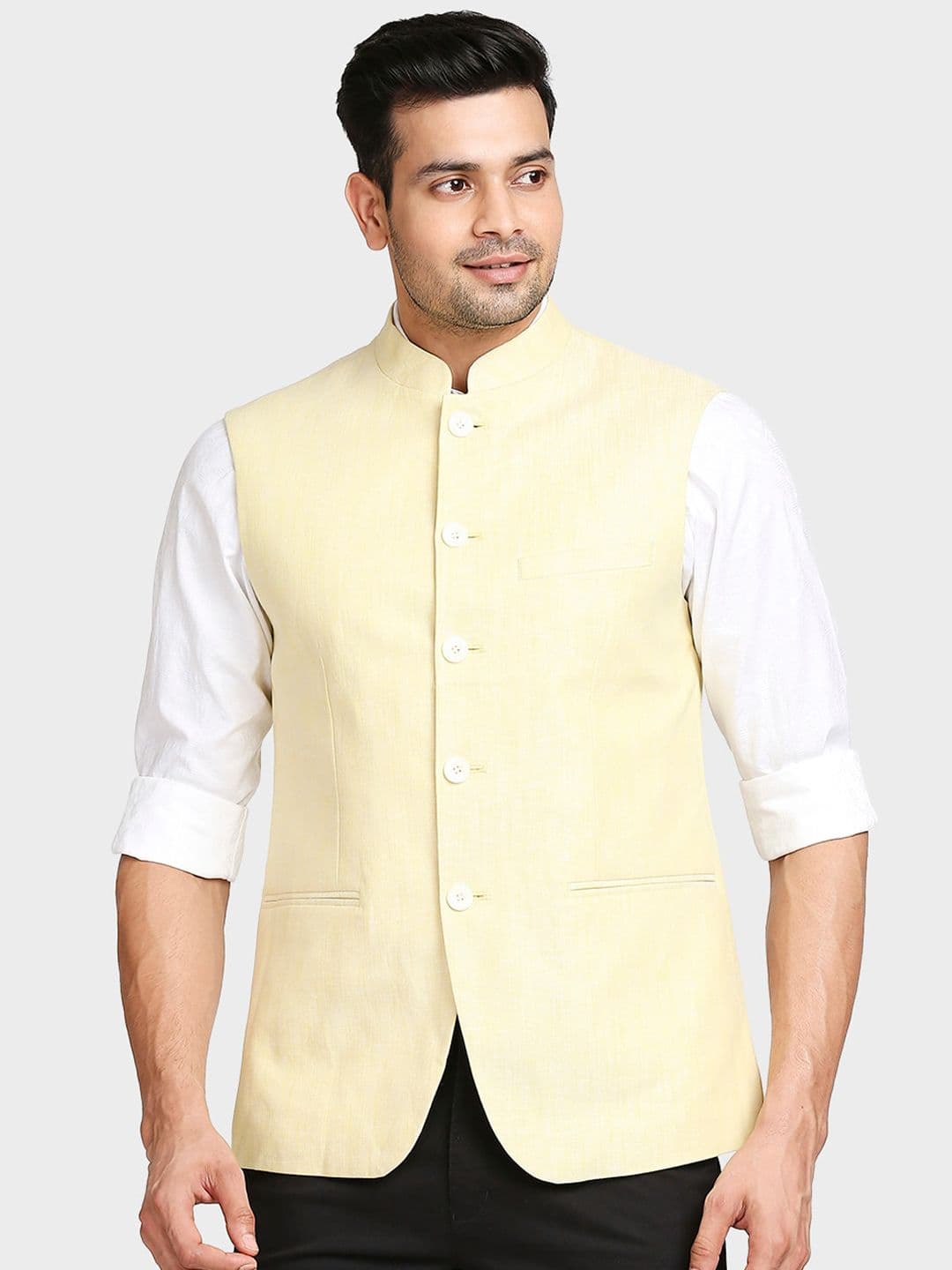 ColorPlus Men Yellow Solid Woven Nehru Jackets - view 1