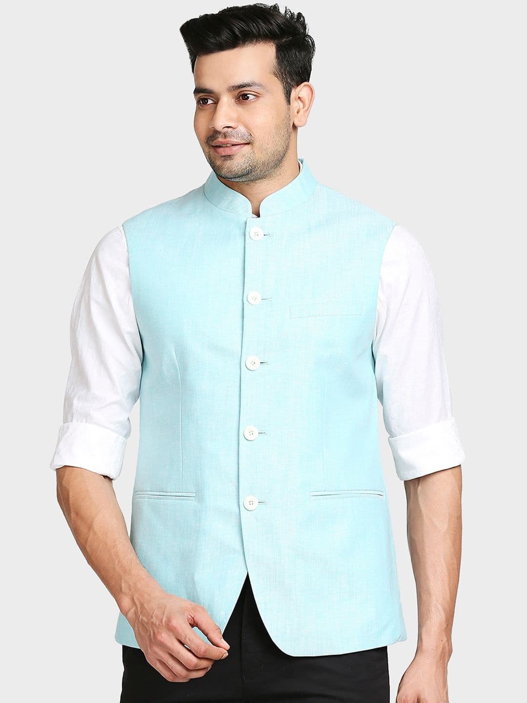 ColorPlus Men Green Solid Woven Nehru Jacket - view 1
