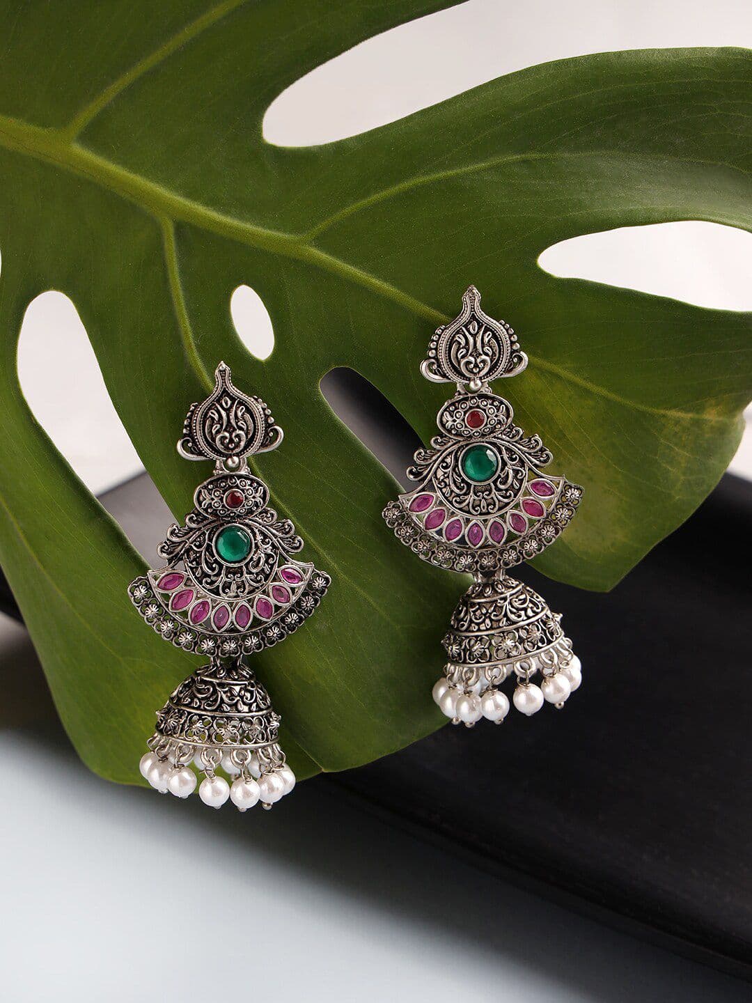 Jazz and Sizzle Silver-Toned Peacock Shaped Jhumkas Earrings - view 1