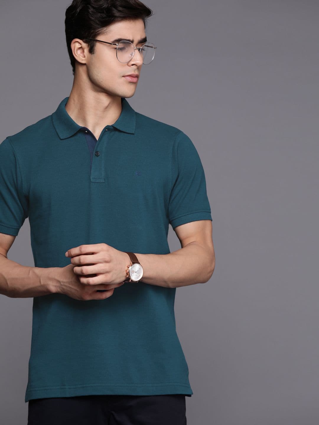 Raymond Men Teal Blue Solid Polo Collar Pure Cotton T-shirt - view 1