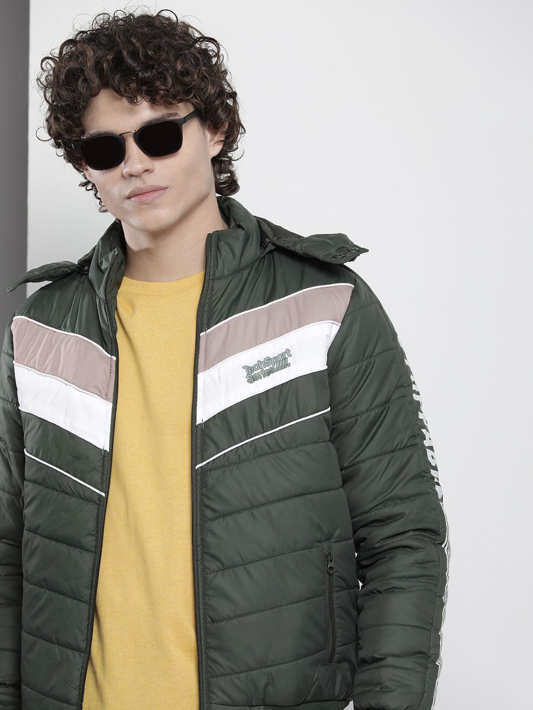 The Indian Garage Co Men Olive Green & White Striped Padded Jacket - view 1